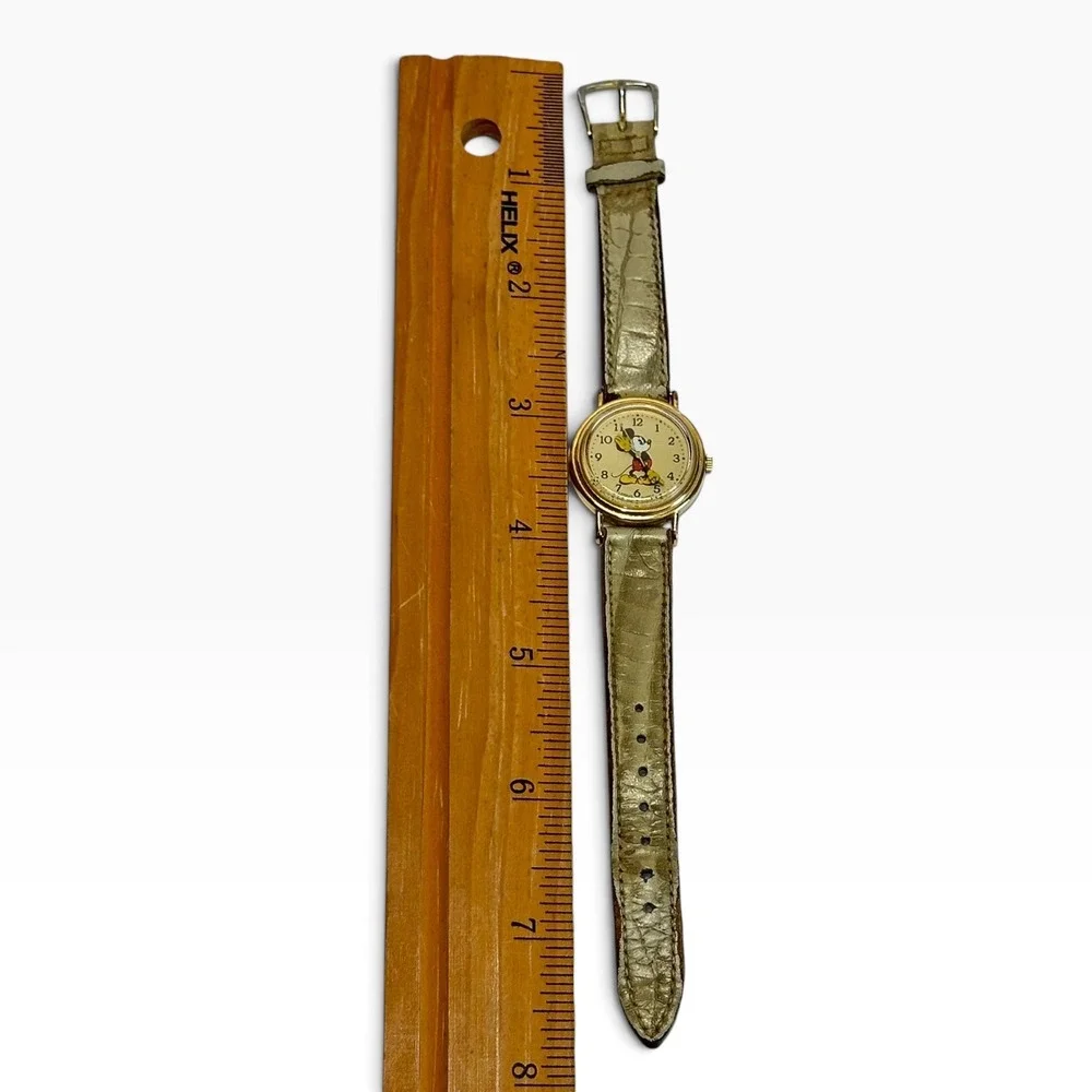 Lorus Mickey Mouse Watch Gold Tone Y481-1190 Beige Leather Works!
